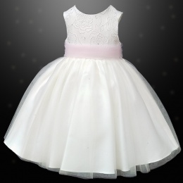 Girls Ivory Diamante & Organza Pink Sash Dress